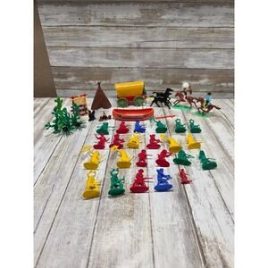Vintage Wild West Plastic Toy Set Cowboys Indians Covered Wagon Canoe Teepee Lot